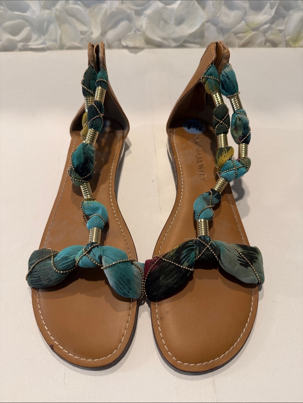 Cynthia Rowley Teal Braided T-Strap Flat Sandals